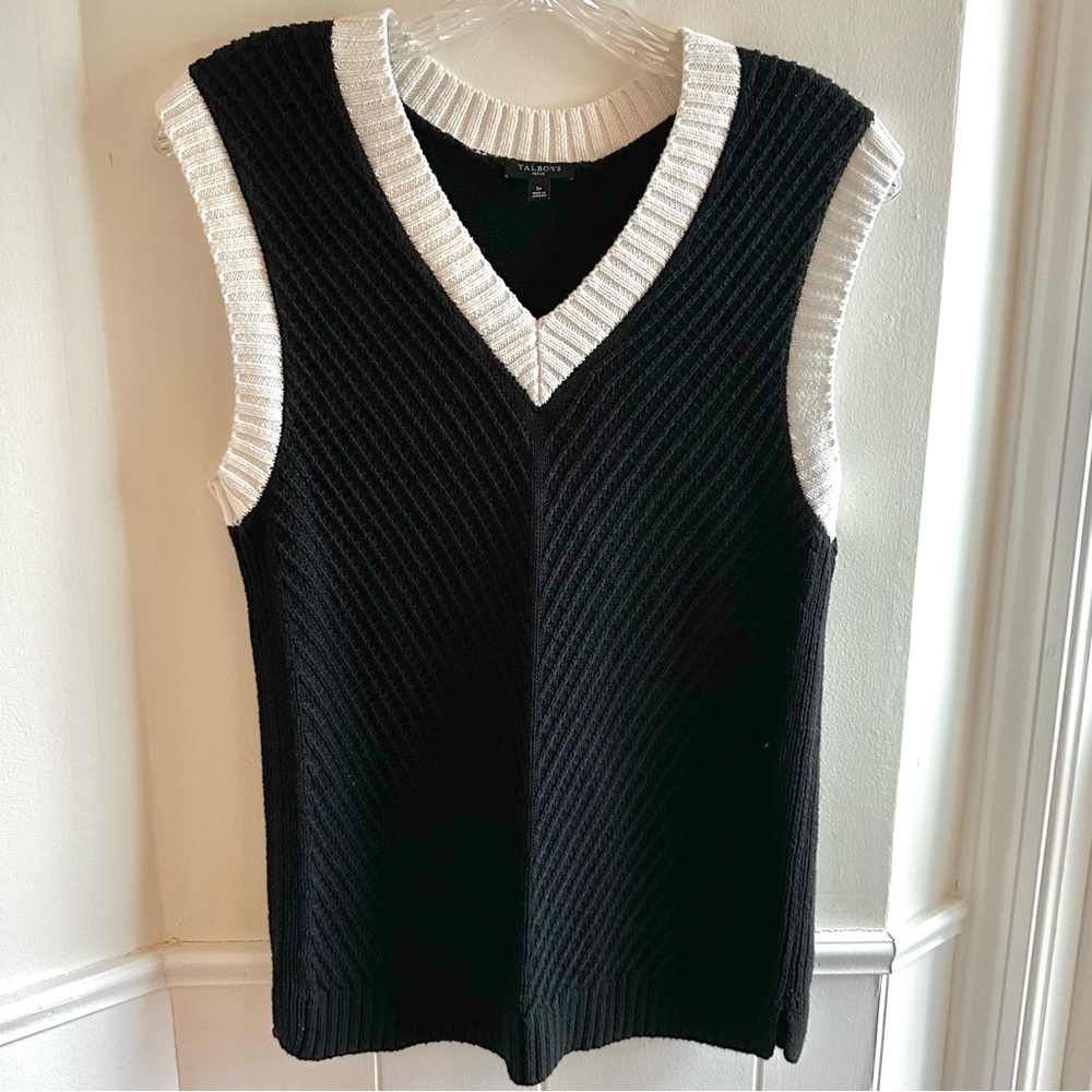 Talbots Black & White Linen Cotton Blend V-Neck Sweater Vest Size SP Women’s